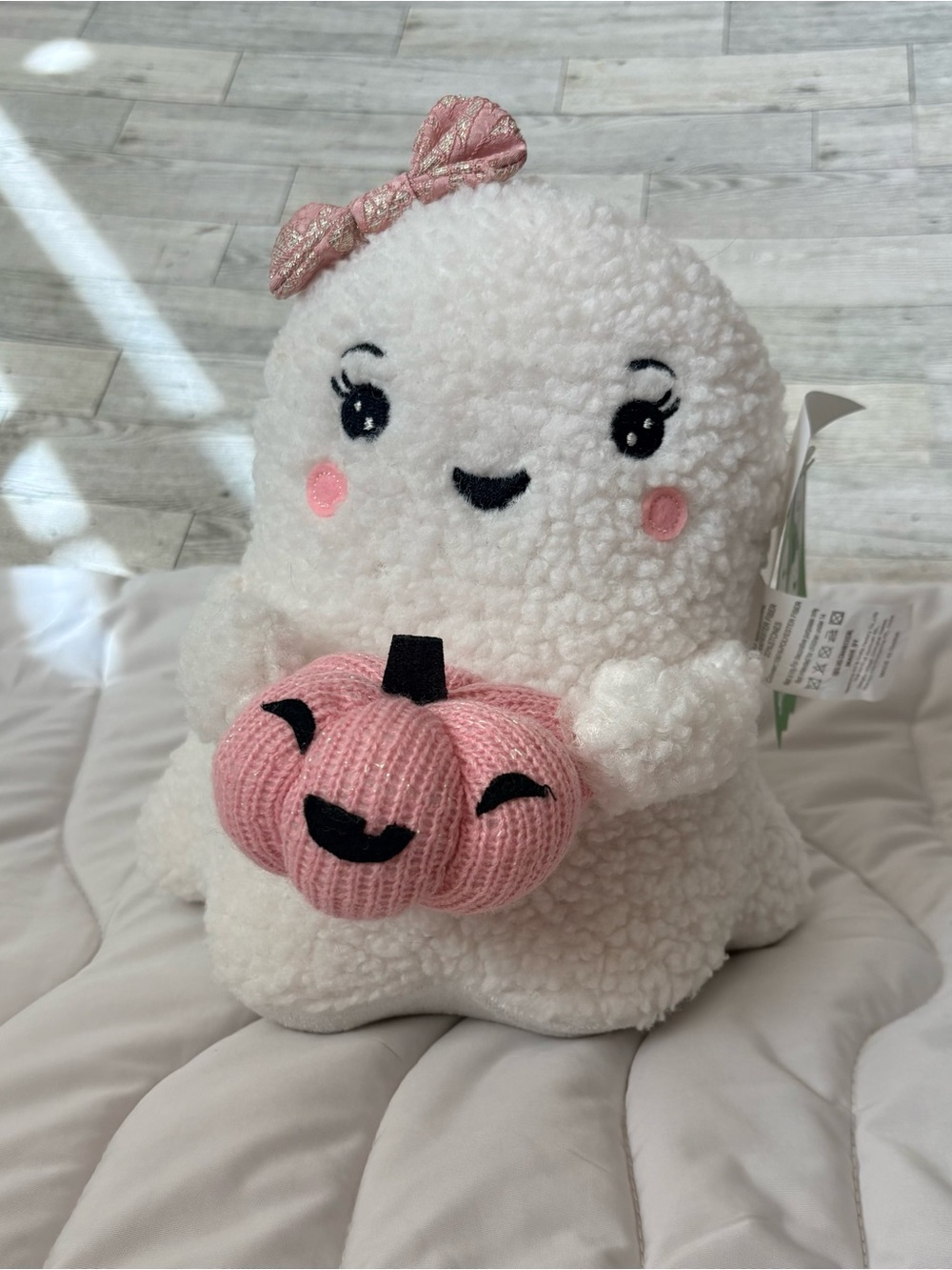 NEW Halloween Sherpa Girl Ghost with Pink Pumpkin Plush Home Goods Weighted